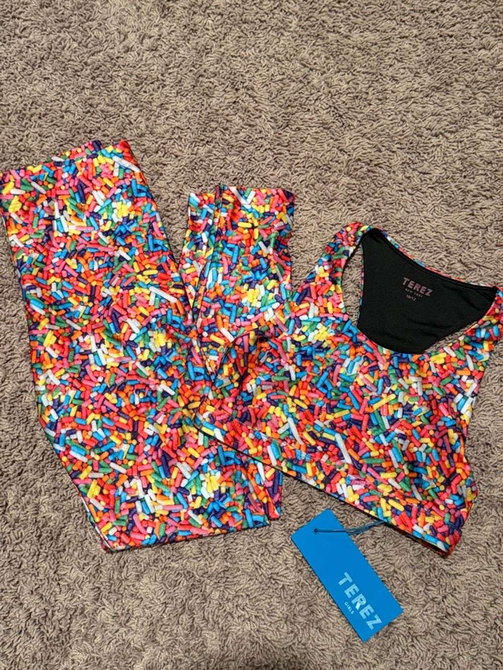 Terez New York Girls birthday rainbow sprinkles leggings & sports bra set 10/12